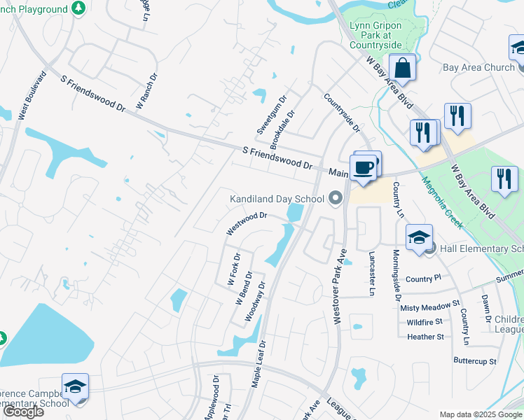map of restaurants, bars, coffee shops, grocery stores, and more near 263 Westwood Drive in League City