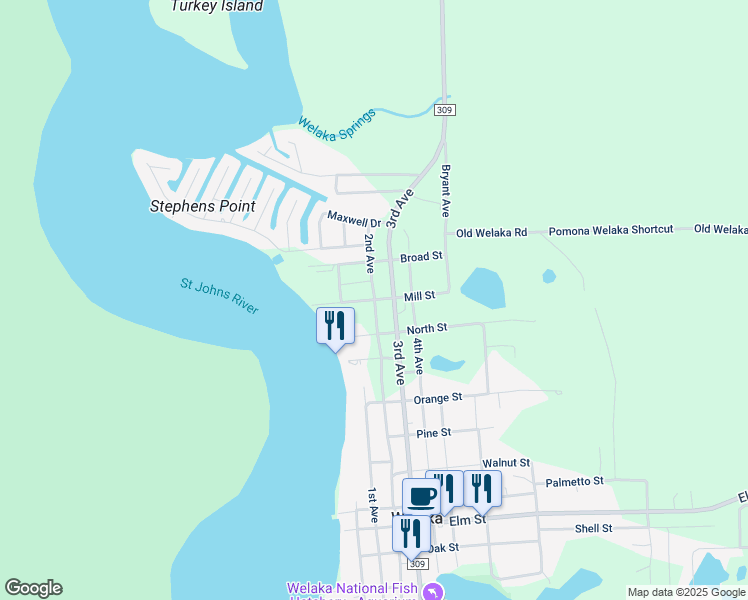 map of restaurants, bars, coffee shops, grocery stores, and more near 99 Mill Street in Welaka