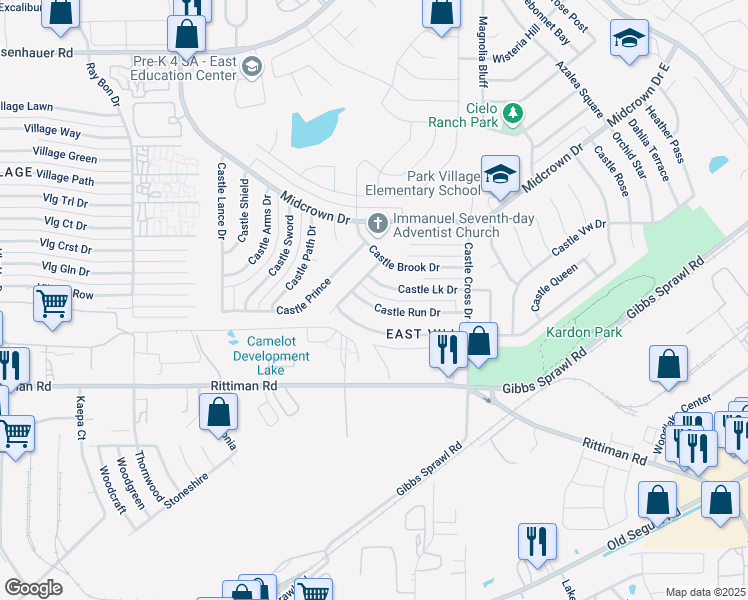 map of restaurants, bars, coffee shops, grocery stores, and more near 5818 Castle Run in San Antonio