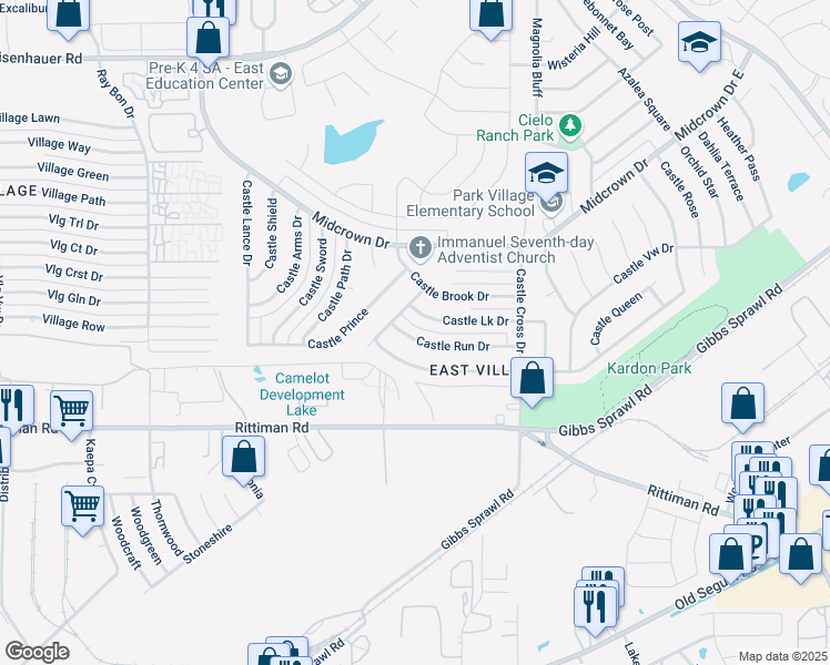 map of restaurants, bars, coffee shops, grocery stores, and more near 5818 Castle Run in San Antonio