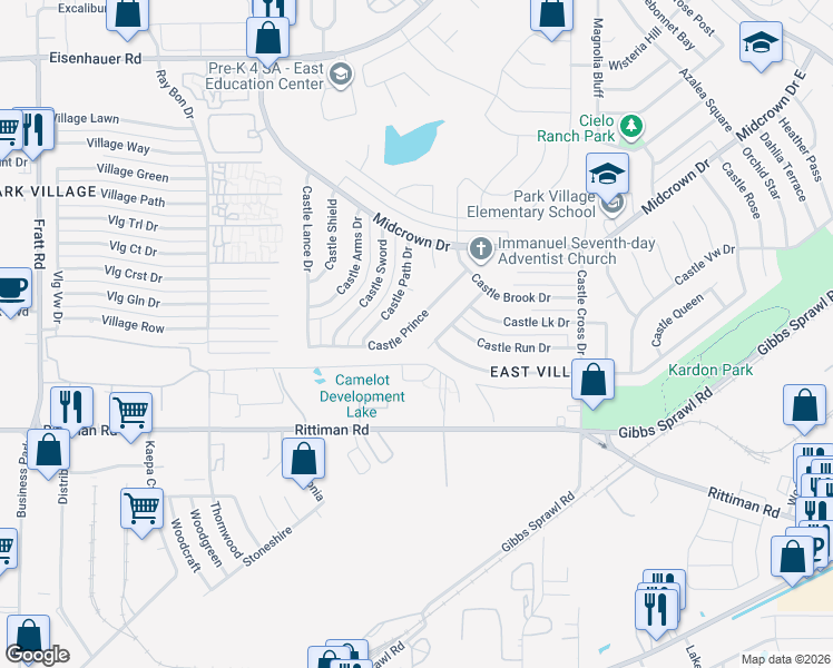 map of restaurants, bars, coffee shops, grocery stores, and more near 5802 Castle Hunt in San Antonio