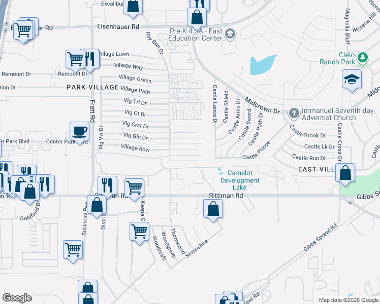 map of restaurants, bars, coffee shops, grocery stores, and more near 5223 Village Haven in San Antonio