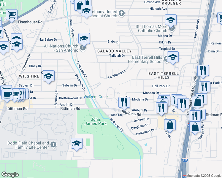 map of restaurants, bars, coffee shops, grocery stores, and more near 6318 Queens Castle Drive in San Antonio
