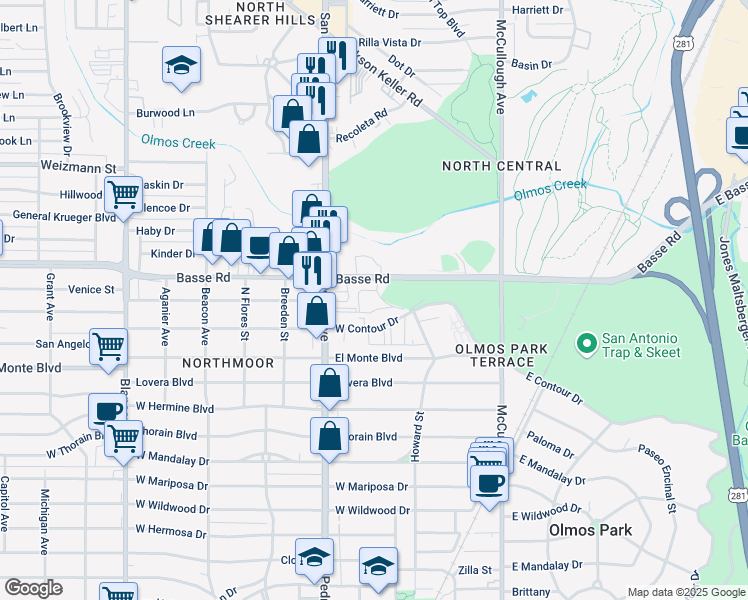 map of restaurants, bars, coffee shops, grocery stores, and more near 800 Basse Road in San Antonio
