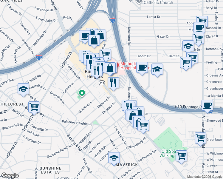 map of restaurants, bars, coffee shops, grocery stores, and more near 4307 Fredericksburg Road in Balcones Heights