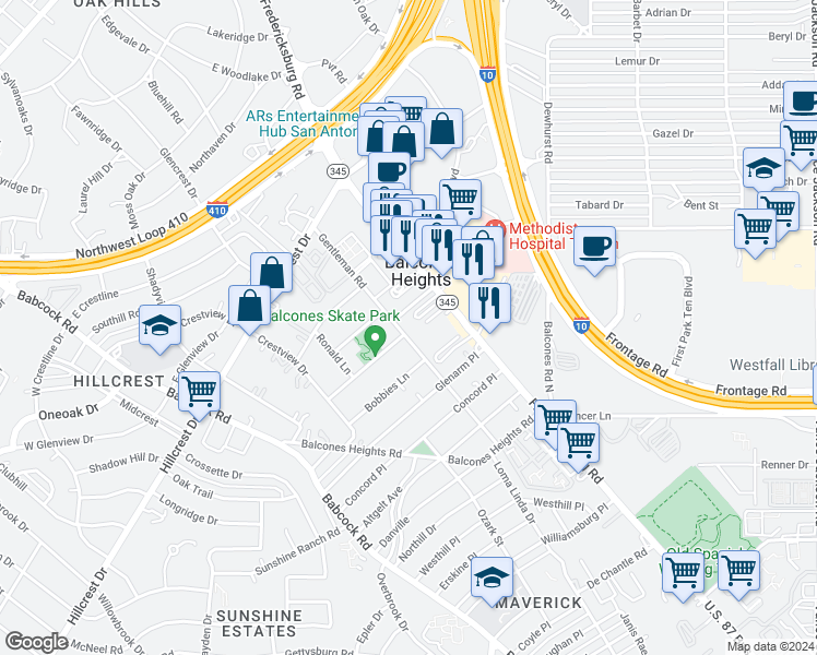 map of restaurants, bars, coffee shops, grocery stores, and more near 529 Gentleman Road in Balcones Heights
