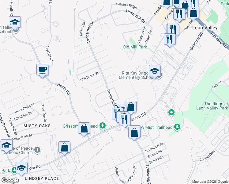 map of restaurants, bars, coffee shops, grocery stores, and more near 5715 Timber Bend in San Antonio
