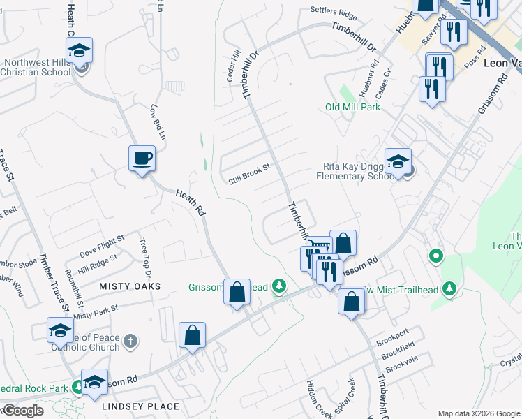 map of restaurants, bars, coffee shops, grocery stores, and more near 7339 Granite Creek Drive in San Antonio
