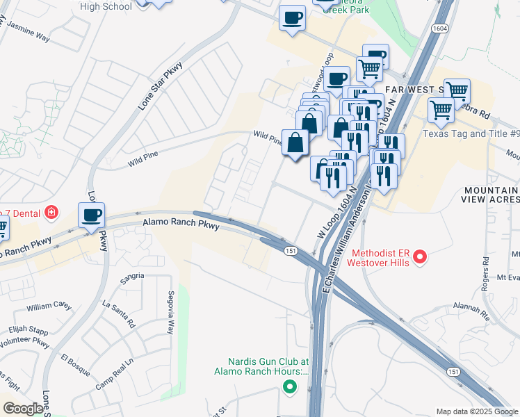 map of restaurants, bars, coffee shops, grocery stores, and more near 11211 Westwood Loop in San Antonio