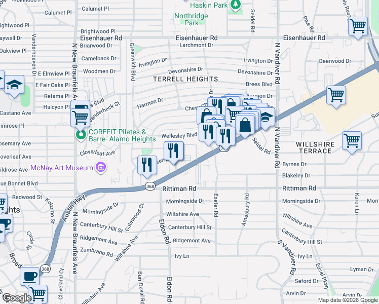 map of restaurants, bars, coffee shops, grocery stores, and more near 1111 Austin Highway in San Antonio