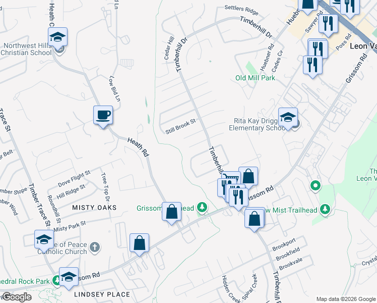 map of restaurants, bars, coffee shops, grocery stores, and more near 7339 Granite Creek Drive in San Antonio