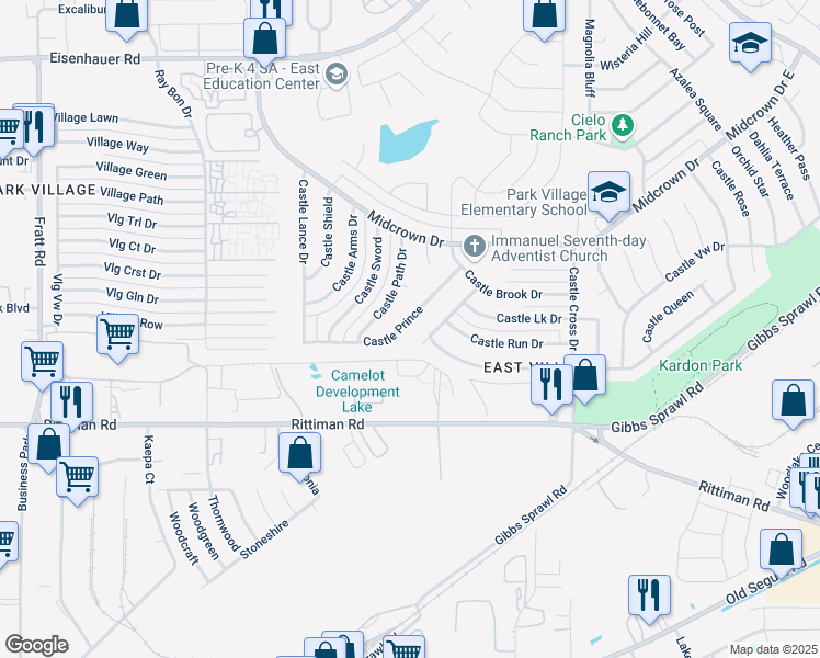 map of restaurants, bars, coffee shops, grocery stores, and more near 5802 Castle Hunt in San Antonio