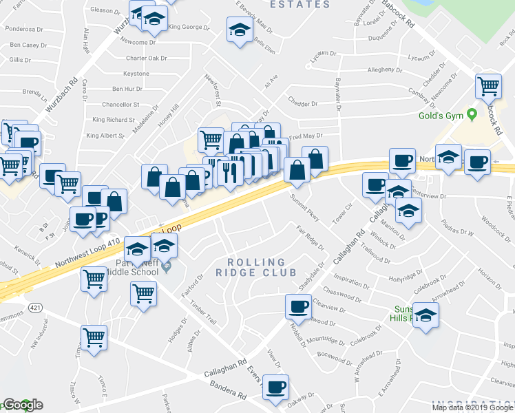 map of restaurants, bars, coffee shops, grocery stores, and more near 5002 Northwest Loop 410 in San Antonio