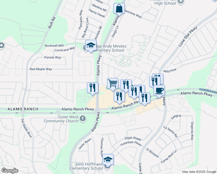 map of restaurants, bars, coffee shops, grocery stores, and more near 5306 Ginger Rise in San Antonio