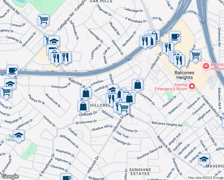 map of restaurants, bars, coffee shops, grocery stores, and more near 538 Crestview Drive in San Antonio