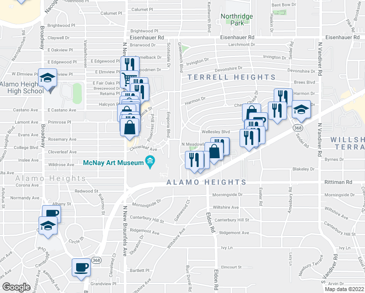 map of restaurants, bars, coffee shops, grocery stores, and more near in San Antonio