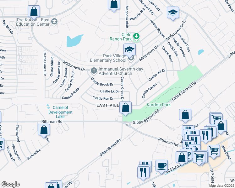 map of restaurants, bars, coffee shops, grocery stores, and more near 5875 Castle Run in San Antonio
