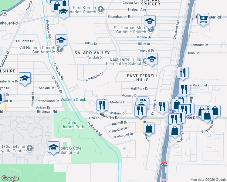 map of restaurants, bars, coffee shops, grocery stores, and more near 4115 Monaco Drive in San Antonio