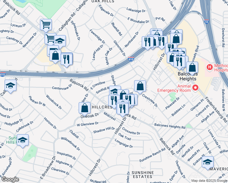 map of restaurants, bars, coffee shops, grocery stores, and more near 538 Crestview Drive in San Antonio