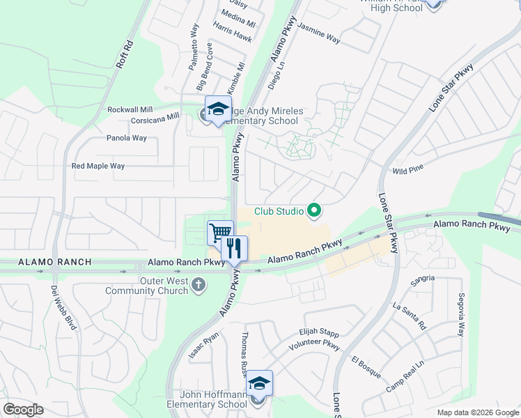map of restaurants, bars, coffee shops, grocery stores, and more near 5306 Ginger Rise in San Antonio