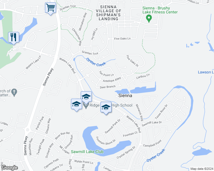 map of restaurants, bars, coffee shops, grocery stores, and more near 10407 Deer Branch in Missouri City