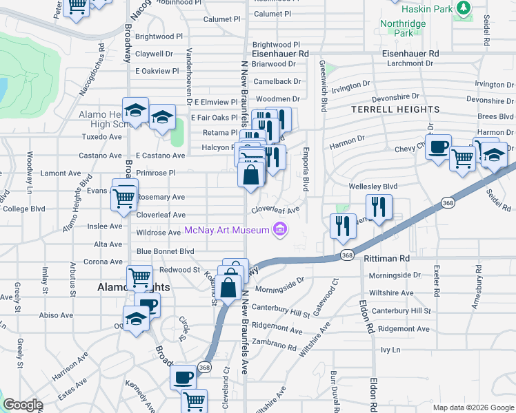 map of restaurants, bars, coffee shops, grocery stores, and more near 412 Cloverleaf Avenue in San Antonio