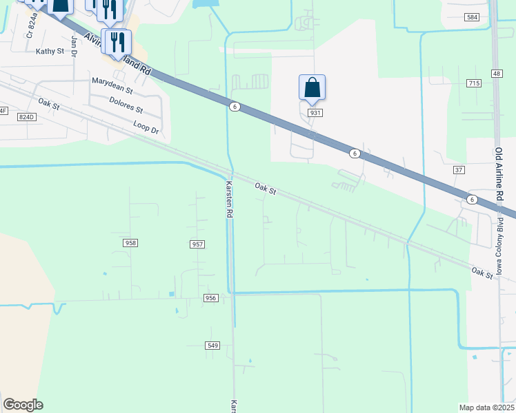 map of restaurants, bars, coffee shops, grocery stores, and more near 6710 Trail Loop West in Rosharon