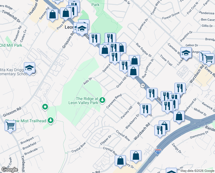 map of restaurants, bars, coffee shops, grocery stores, and more near 6406 William Rancher Road in San Antonio