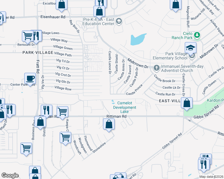 map of restaurants, bars, coffee shops, grocery stores, and more near 4722 Castle Lance in San Antonio