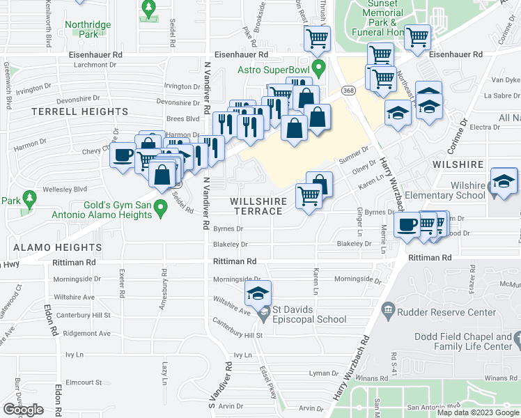 map of restaurants, bars, coffee shops, grocery stores, and more near 422 Olney Drive in San Antonio