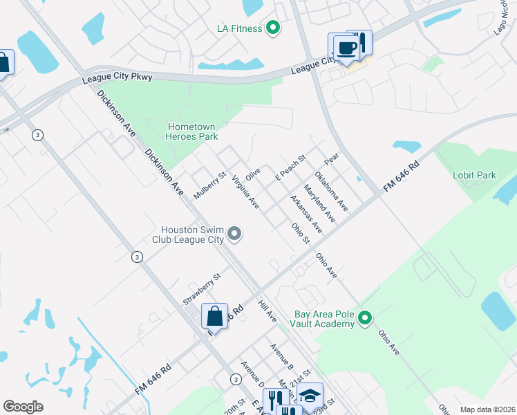 map of restaurants, bars, coffee shops, grocery stores, and more near 2805 Virginia Avenue in League City
