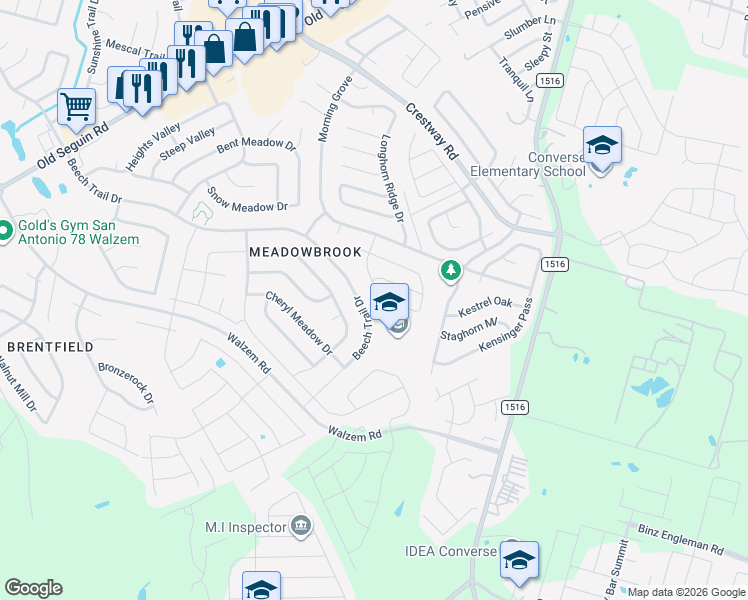 map of restaurants, bars, coffee shops, grocery stores, and more near 6858 Canary Meadow Drive in Converse