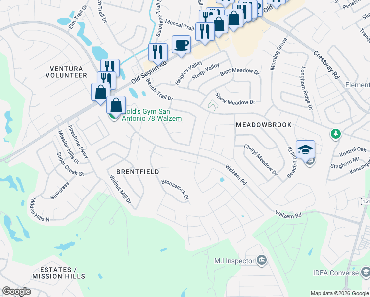 map of restaurants, bars, coffee shops, grocery stores, and more near 8115 Sleepy Brook in San Antonio