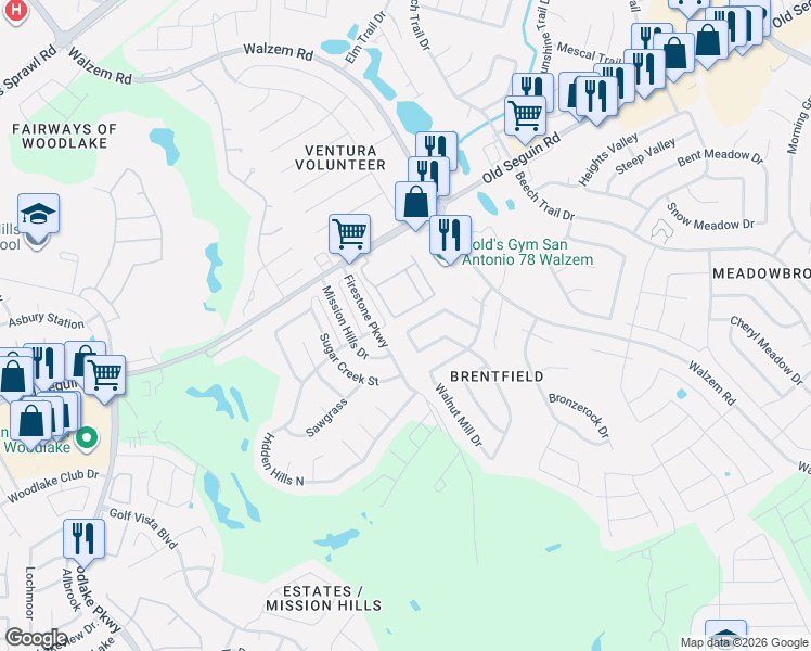 map of restaurants, bars, coffee shops, grocery stores, and more near 6419 Encanto Point Drive in San Antonio