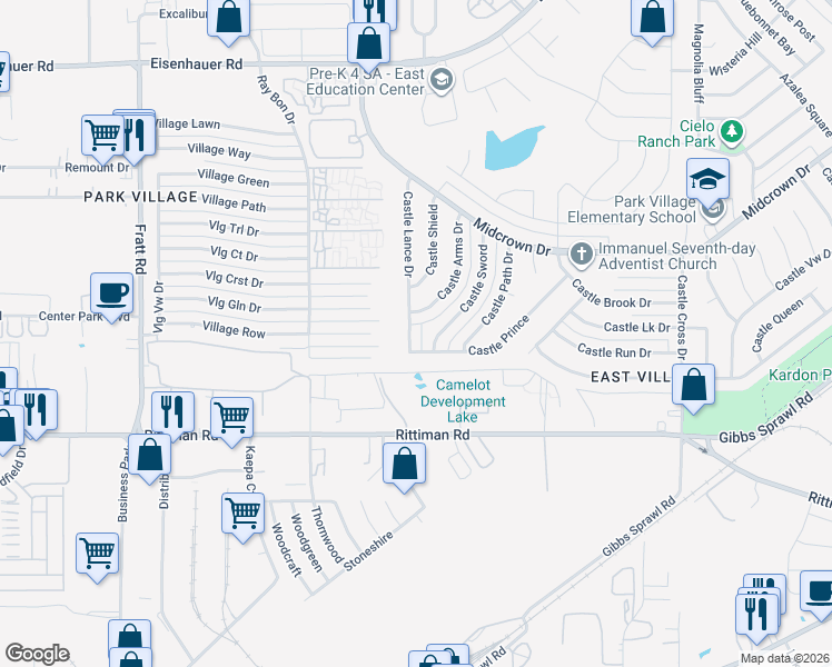 map of restaurants, bars, coffee shops, grocery stores, and more near 4722 Castle Lance in San Antonio