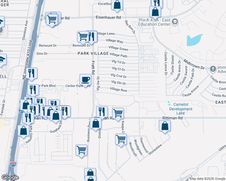 map of restaurants, bars, coffee shops, grocery stores, and more near 5110 Village Row in San Antonio
