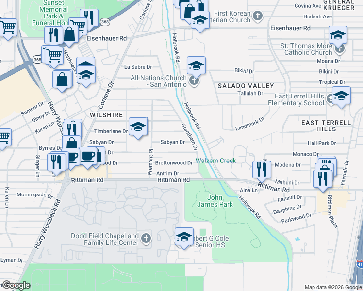 map of restaurants, bars, coffee shops, grocery stores, and more near 355 Cresham Drive in San Antonio