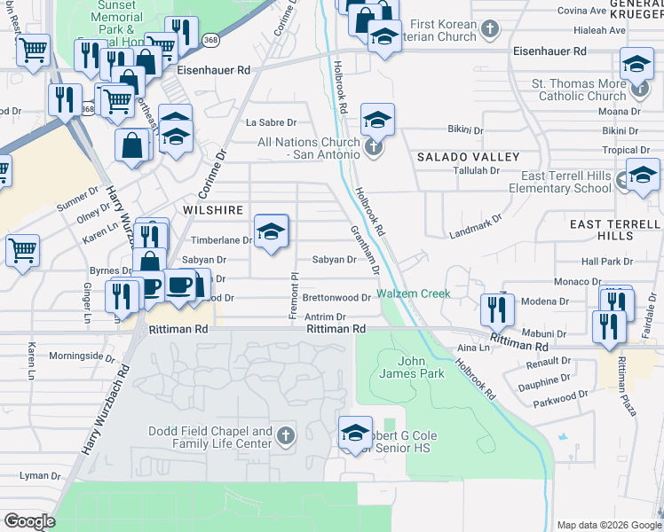 map of restaurants, bars, coffee shops, grocery stores, and more near 327 Cresham Drive in San Antonio