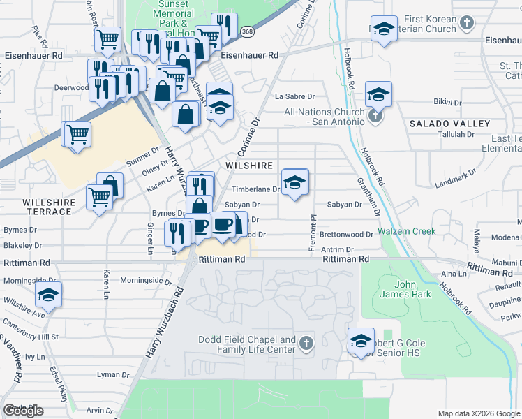map of restaurants, bars, coffee shops, grocery stores, and more near 218 Cresham Drive in San Antonio