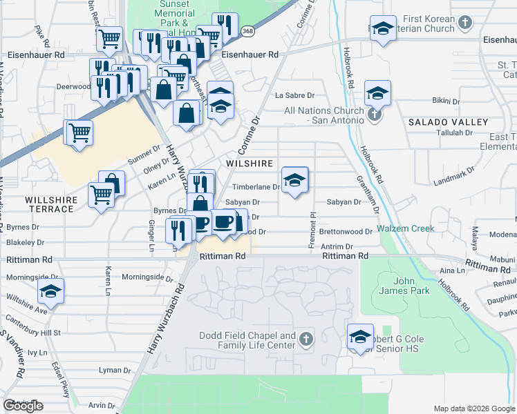 map of restaurants, bars, coffee shops, grocery stores, and more near 218 Cresham Drive in San Antonio