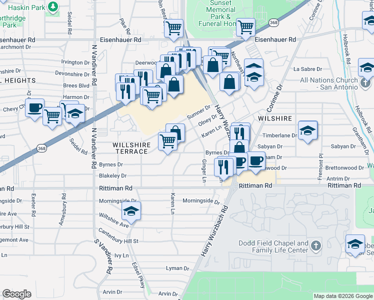 map of restaurants, bars, coffee shops, grocery stores, and more near 238 Karen Lane in San Antonio