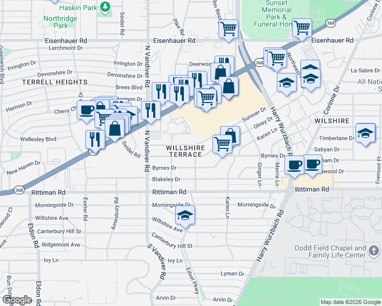 map of restaurants, bars, coffee shops, grocery stores, and more near 422 Olney Drive in San Antonio
