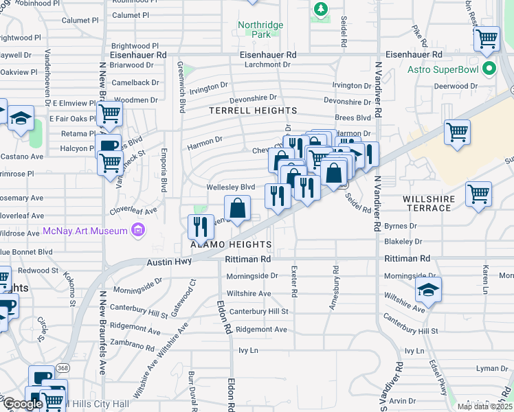 map of restaurants, bars, coffee shops, grocery stores, and more near 1111 Austin Highway in San Antonio