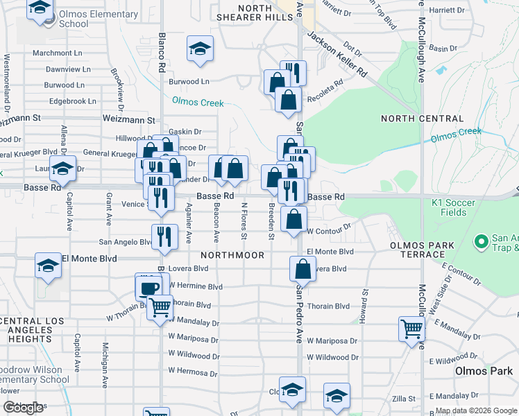 map of restaurants, bars, coffee shops, grocery stores, and more near 222 La Manda Boulevard in San Antonio