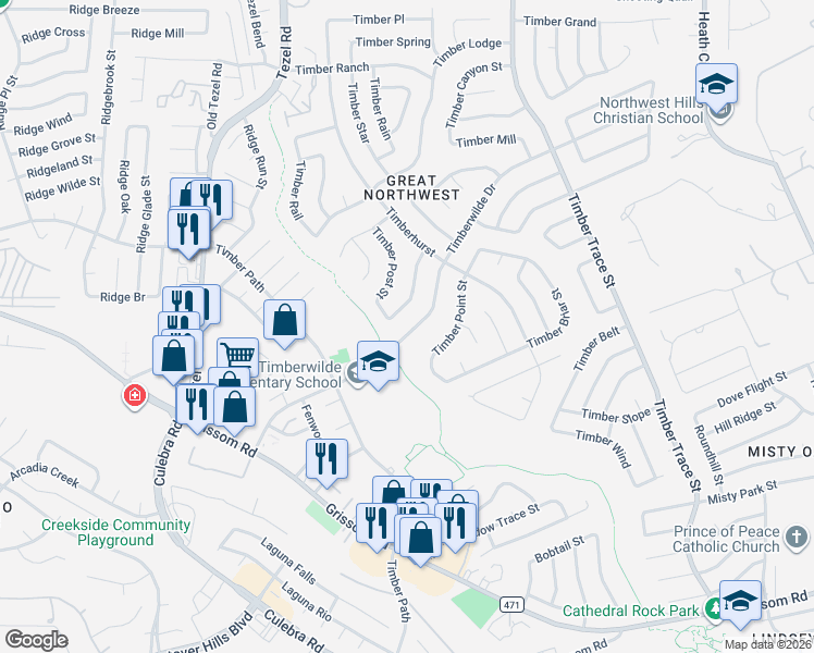 map of restaurants, bars, coffee shops, grocery stores, and more near 8759 Timberwilde Street in San Antonio
