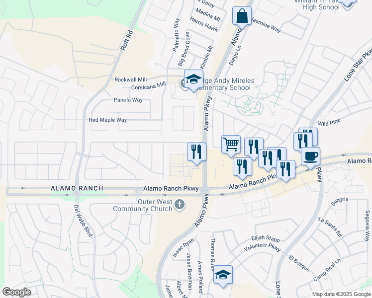 map of restaurants, bars, coffee shops, grocery stores, and more near 12220 Lexi Petal in San Antonio