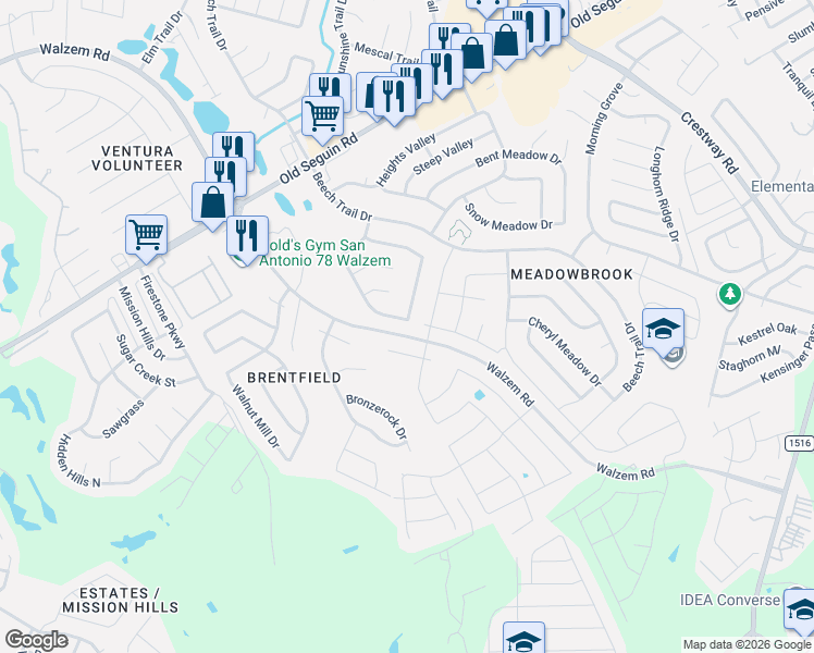 map of restaurants, bars, coffee shops, grocery stores, and more near 8115 Sleepy Brook in San Antonio