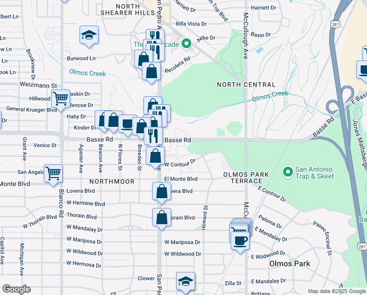 map of restaurants, bars, coffee shops, grocery stores, and more near 800 Basse Road in San Antonio