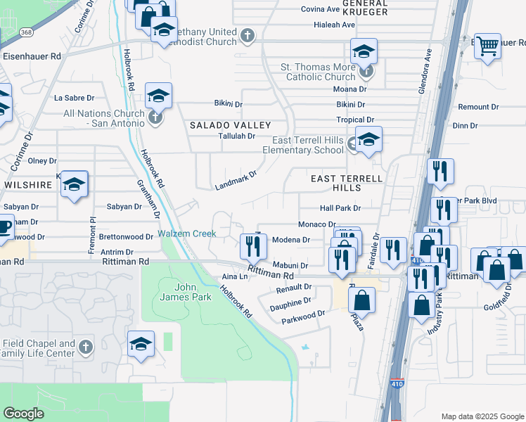 map of restaurants, bars, coffee shops, grocery stores, and more near 6507 Hidden Bluff in San Antonio