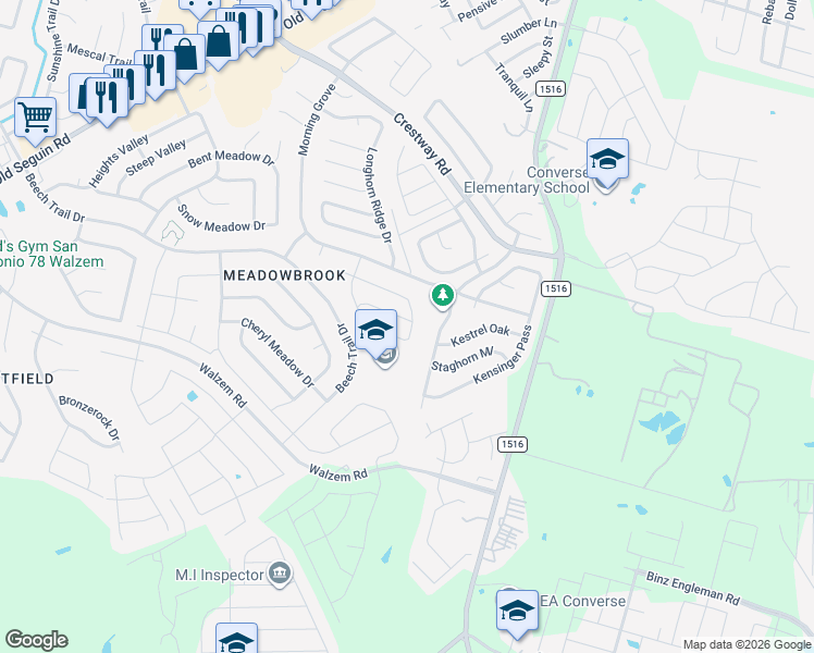 map of restaurants, bars, coffee shops, grocery stores, and more near 8106 Easy Meadow Drive in Converse